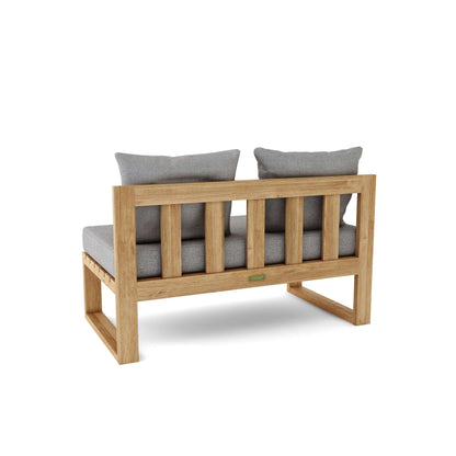 Wooden bench with gray cushions on a white background