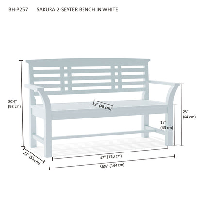 Measurement chart of a light blue bench labeled 'Sakura 2-Seater Bench in White'.