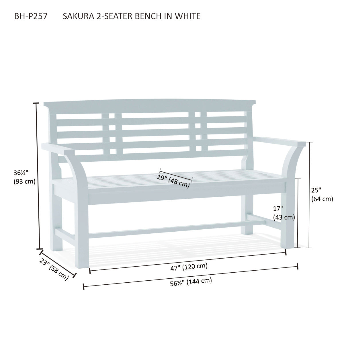 Measurement chart of a light blue bench labeled 'Sakura 2-Seater Bench in White'.