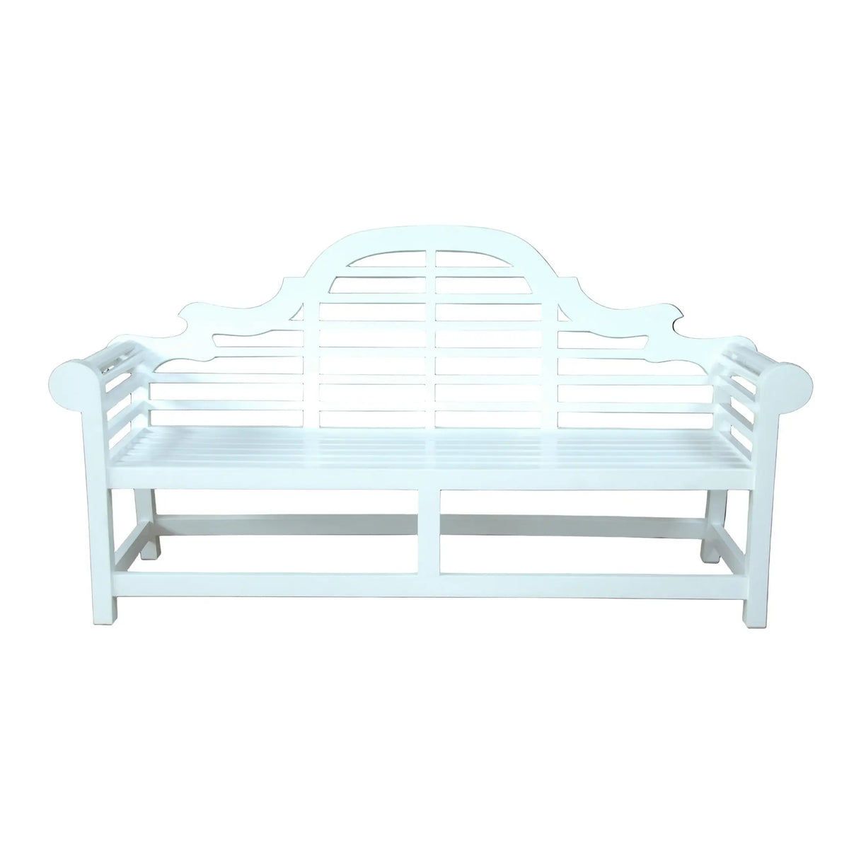 White metal bench with decorative backrest on a black background