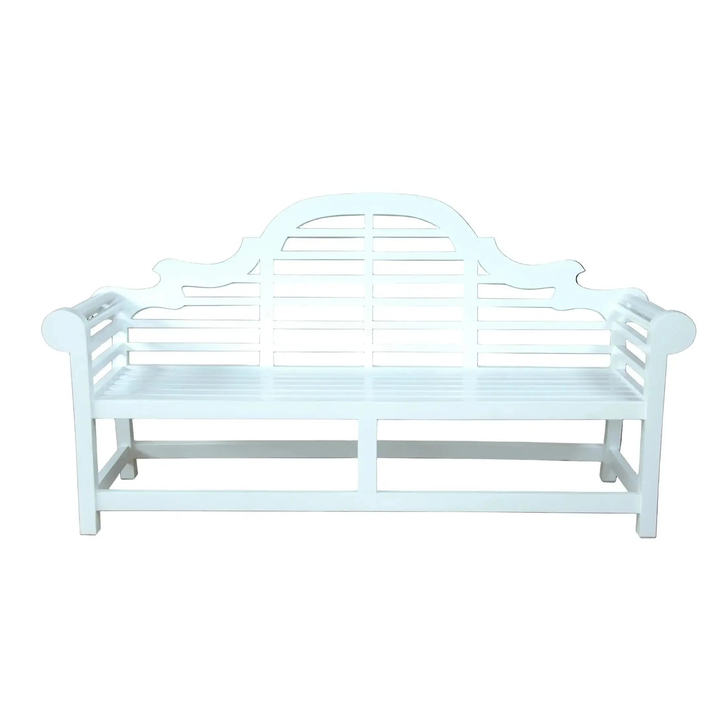 White metal bench with decorative backrest on a black background