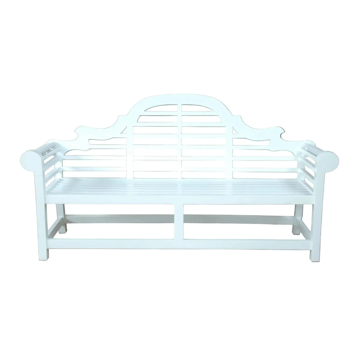 White metal bench with decorative backrest on a black background