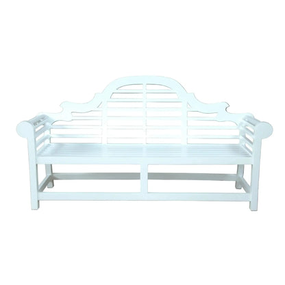White metal bench with decorative backrest on a black background