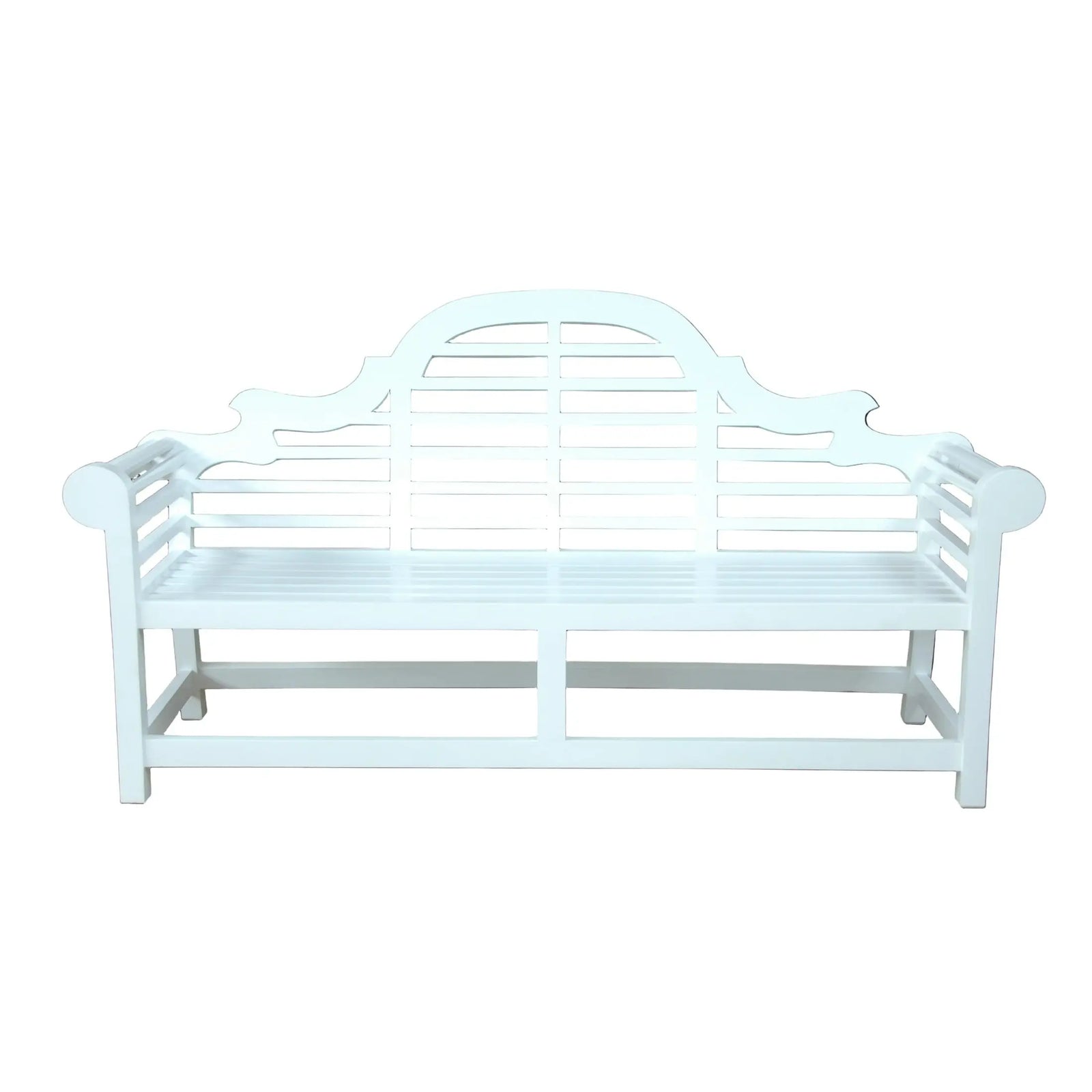 White metal bench with decorative backrest on a black background