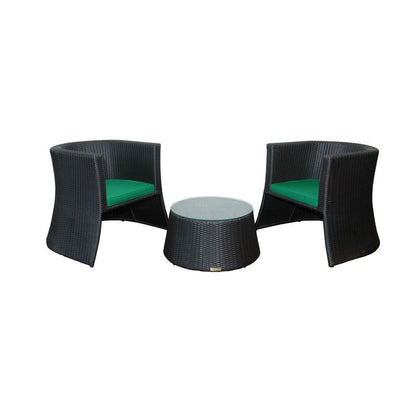 Black wicker outdoor furniture set with green cushions on a white background