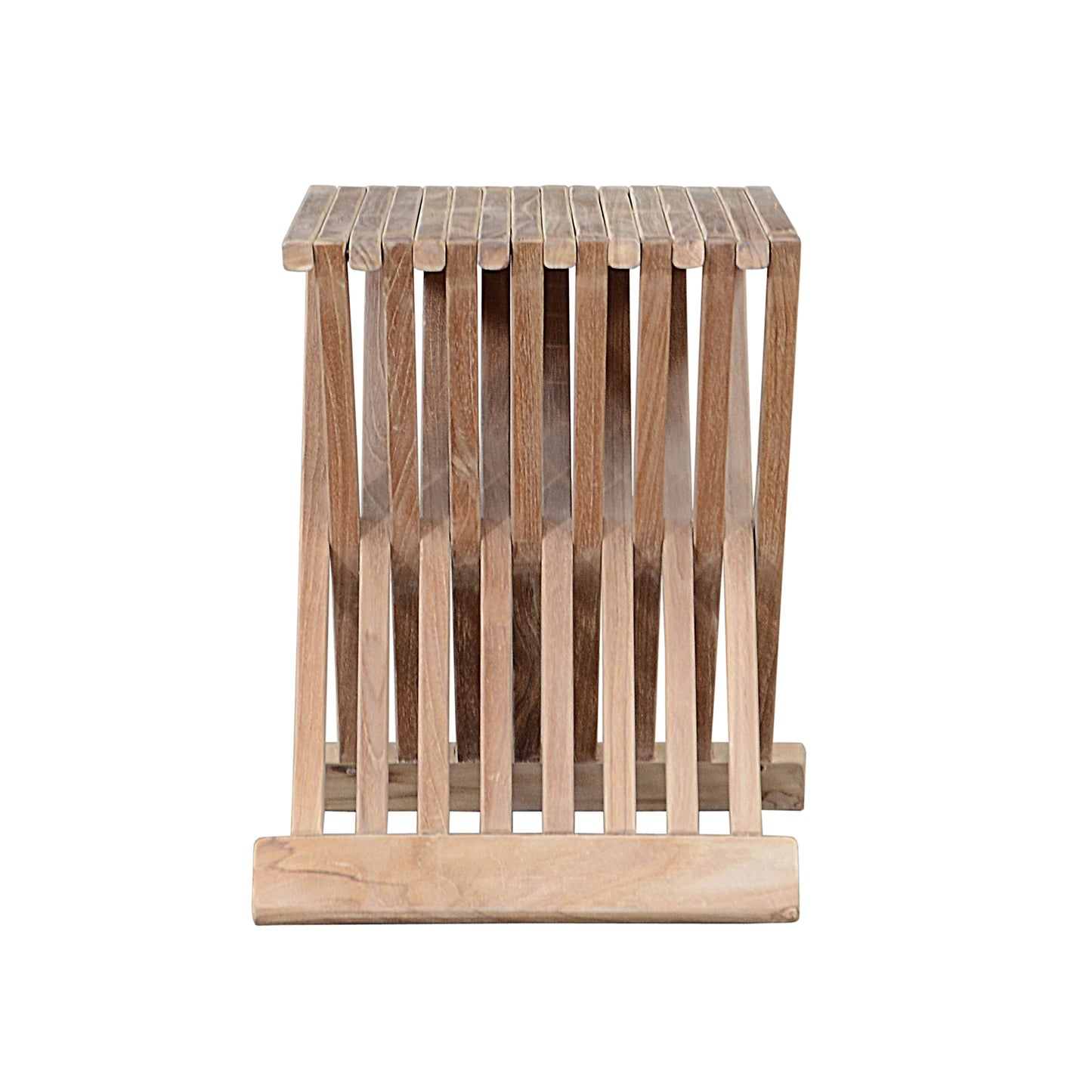 Wooden side table with slatted design on a white background