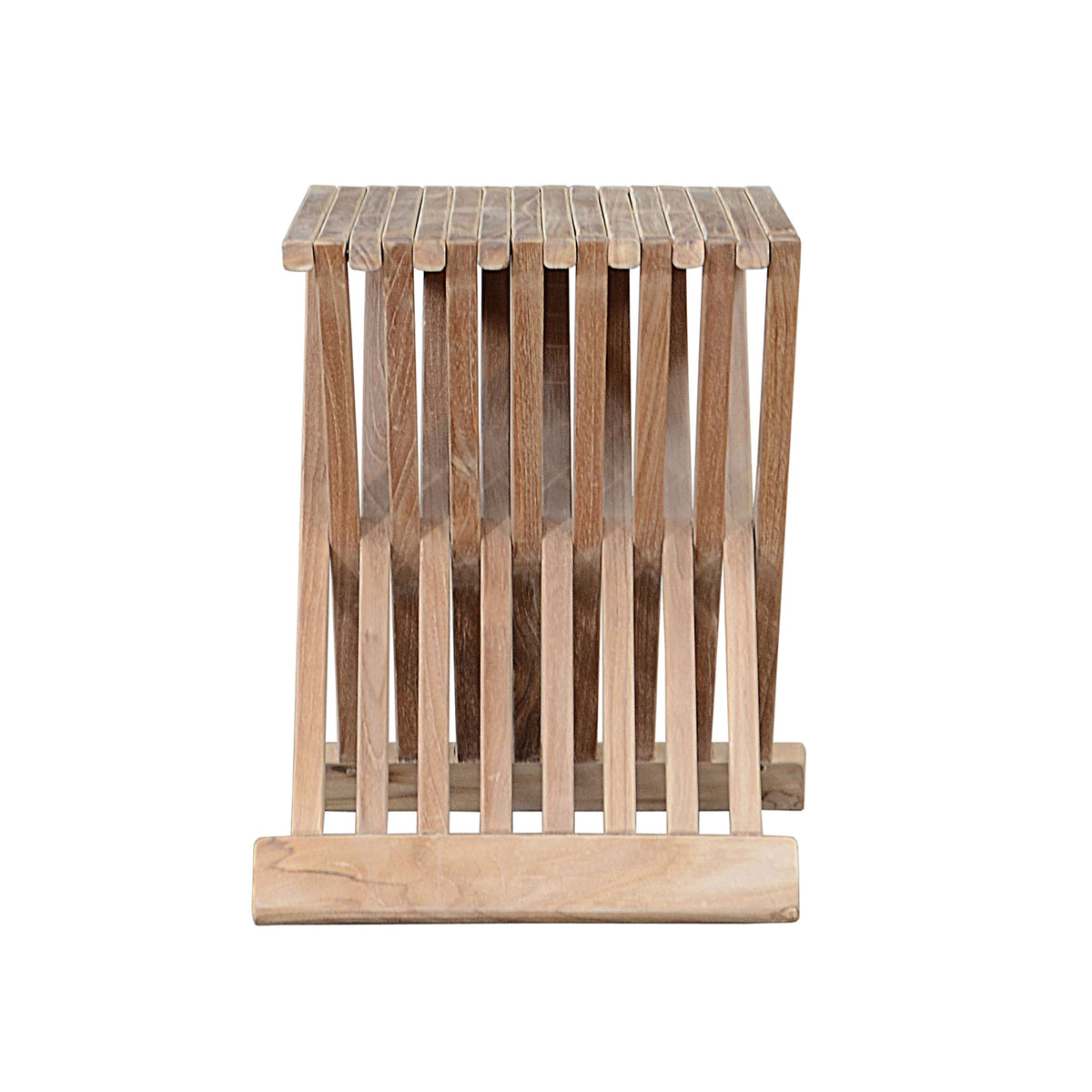 Wooden side table with slatted design on a white background