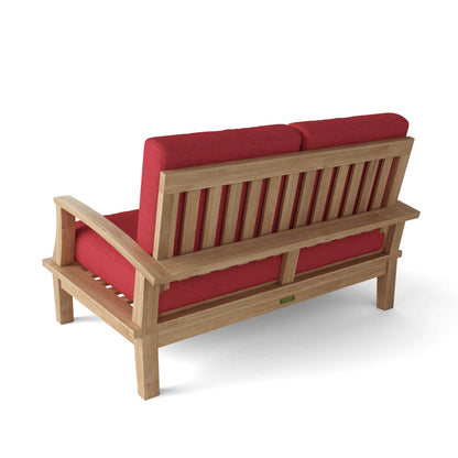 Anderson Teak Brianna Deep Seating Loveseat - side angle of teak outdoor loveseat with cushions