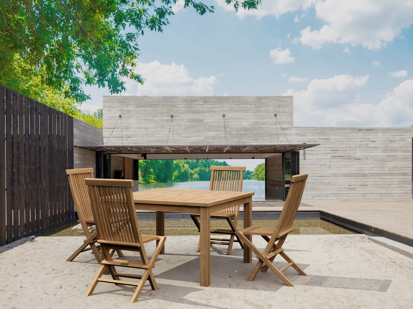 Wooden outdoor dining set with chairs on a patio area.