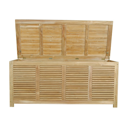 Wooden storage bench with slatted design on a white background