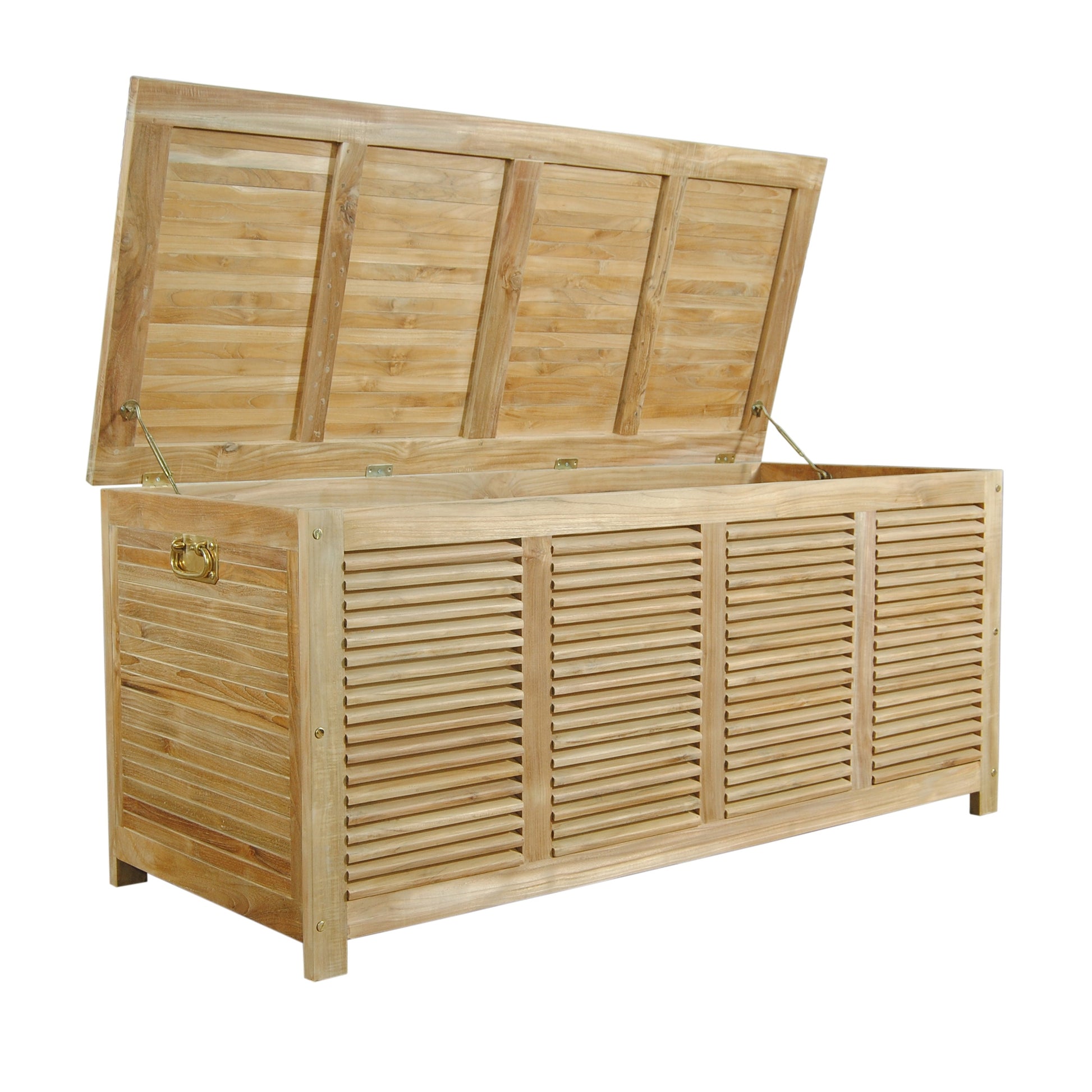 Wooden storage bench with slatted design on a white background