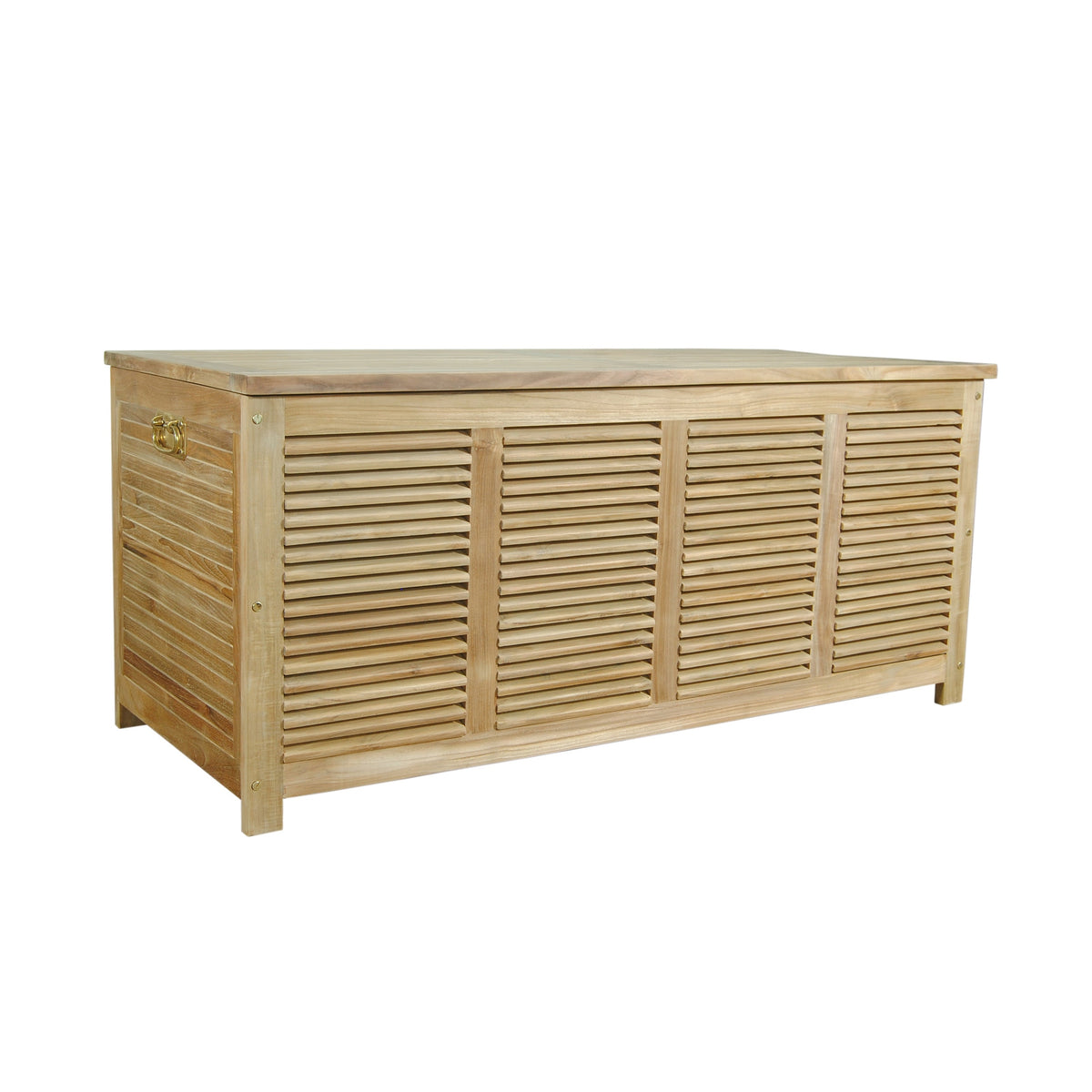 Wooden storage bench with slatted design on a white background
