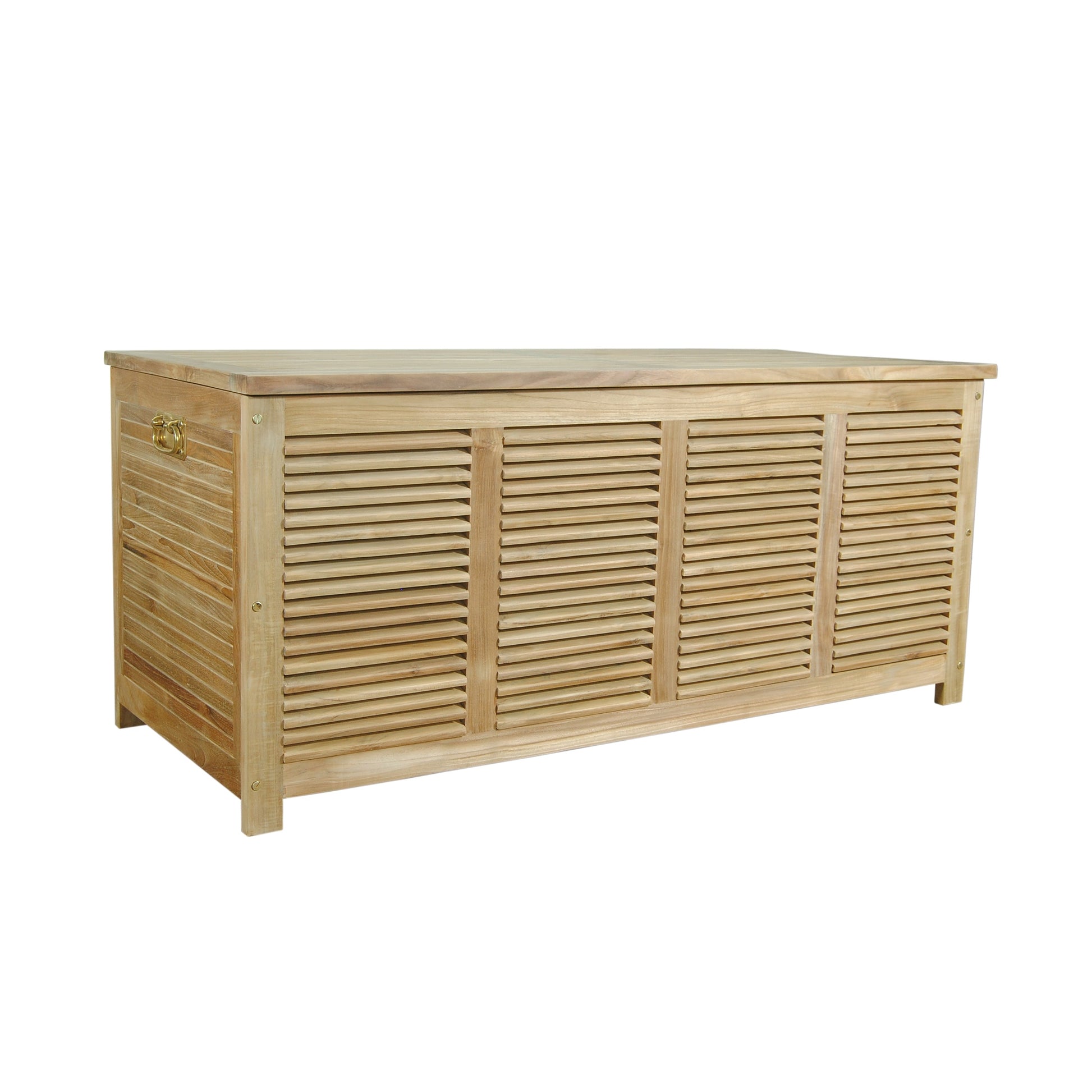 Wooden storage bench with slatted design on a white background