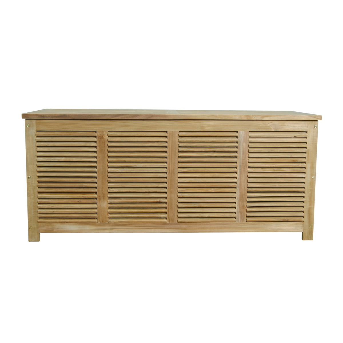 Wooden storage bench with slatted design on a white background