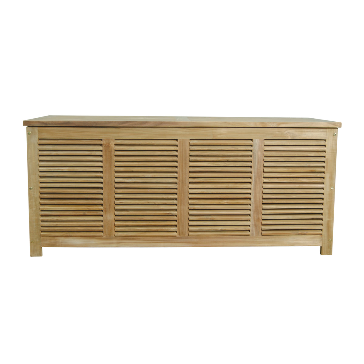 Wooden storage bench with slatted design on a white background