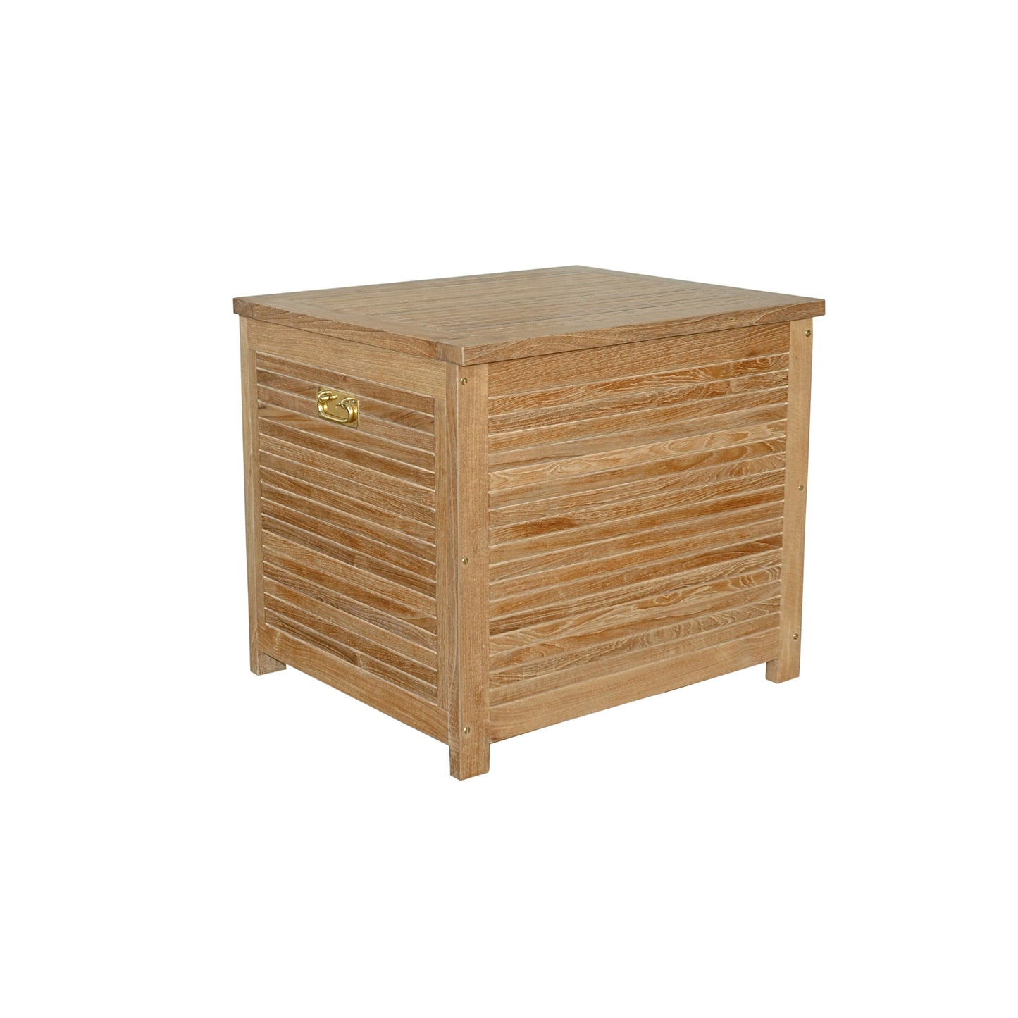 Wooden storage box with a gold handle on a white background