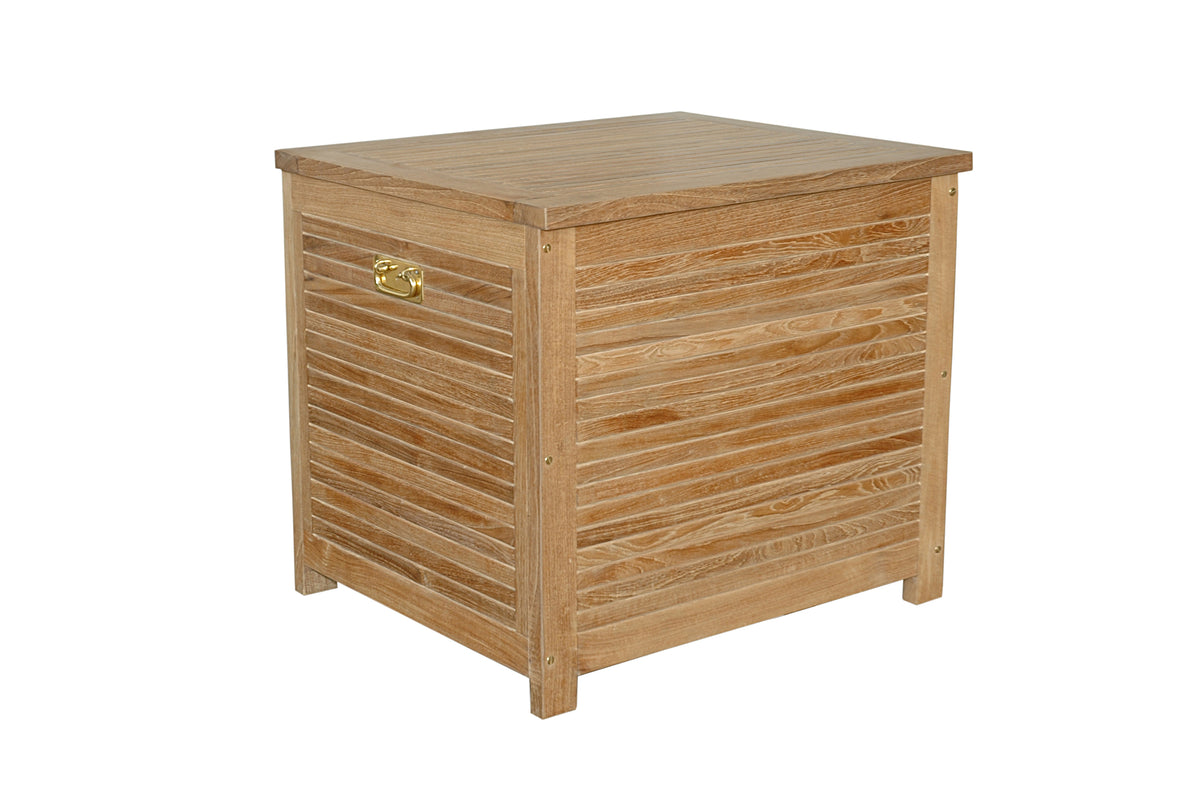 Wooden storage box with a gold handle on a white background