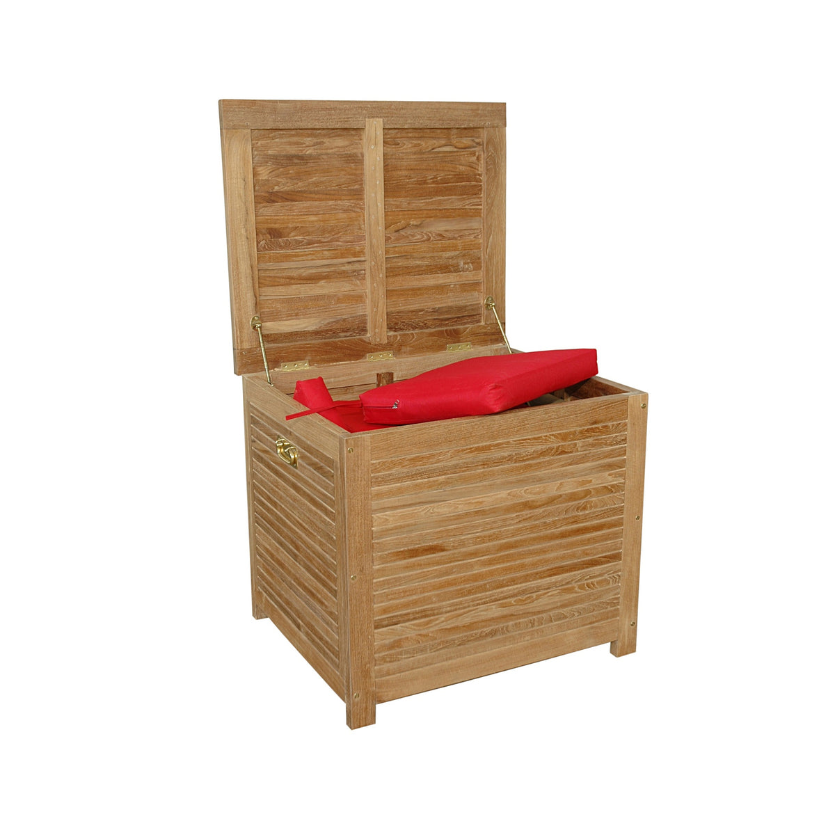 Wooden storage box with a red cushion on a white background
