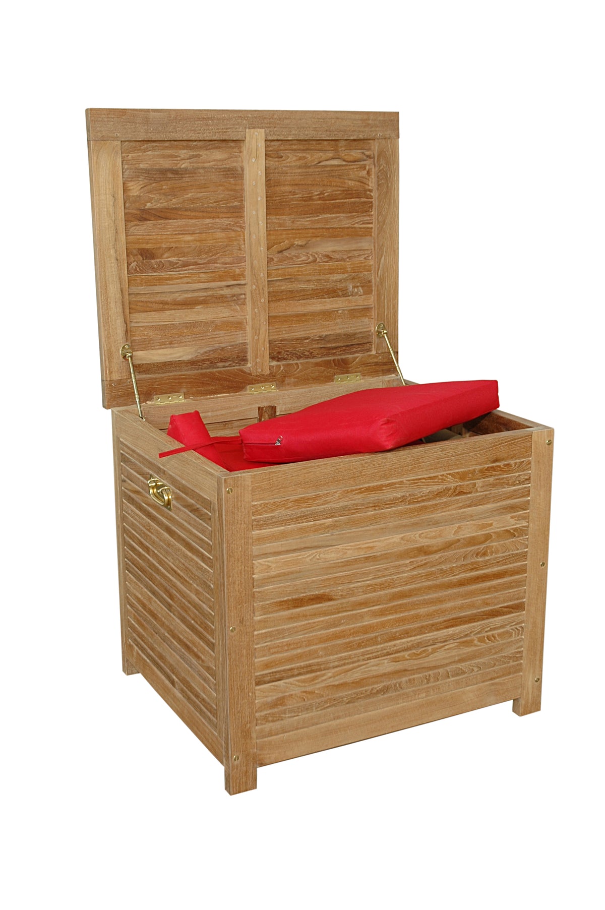 Wooden storage box with a red cushion on a white background