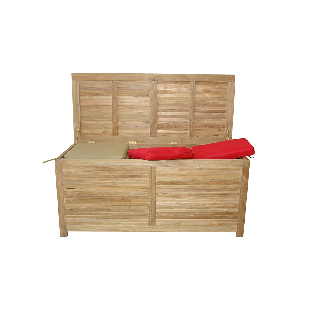 Wooden storage bench with red cushions on a white background