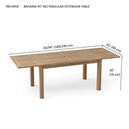 Wooden rectangular extension table with dimensions on a white background