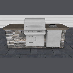 8 foot Gray Stacked Stone BBQ Island with Cal Flame 32 Inch Grill, Side Burner and More, Clearance Sale