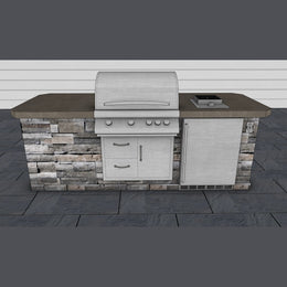 8 foot Gray Stacked Stone BBQ Island with Cal Flame 32 Inch Grill, Side Burner and More, Clearance Sale