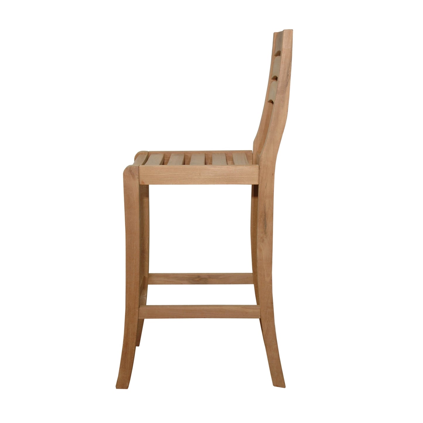 Wooden bar stool with slatted backrest on a white background