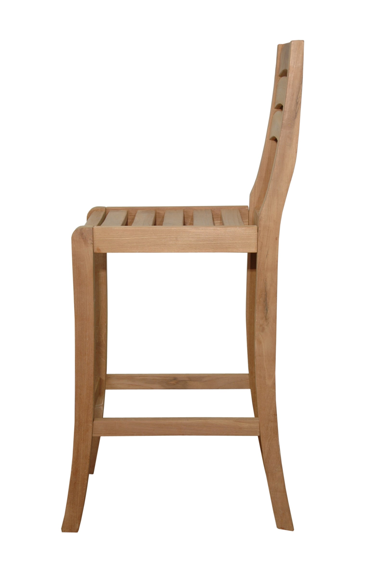 Wooden bar stool with slatted backrest on a white background