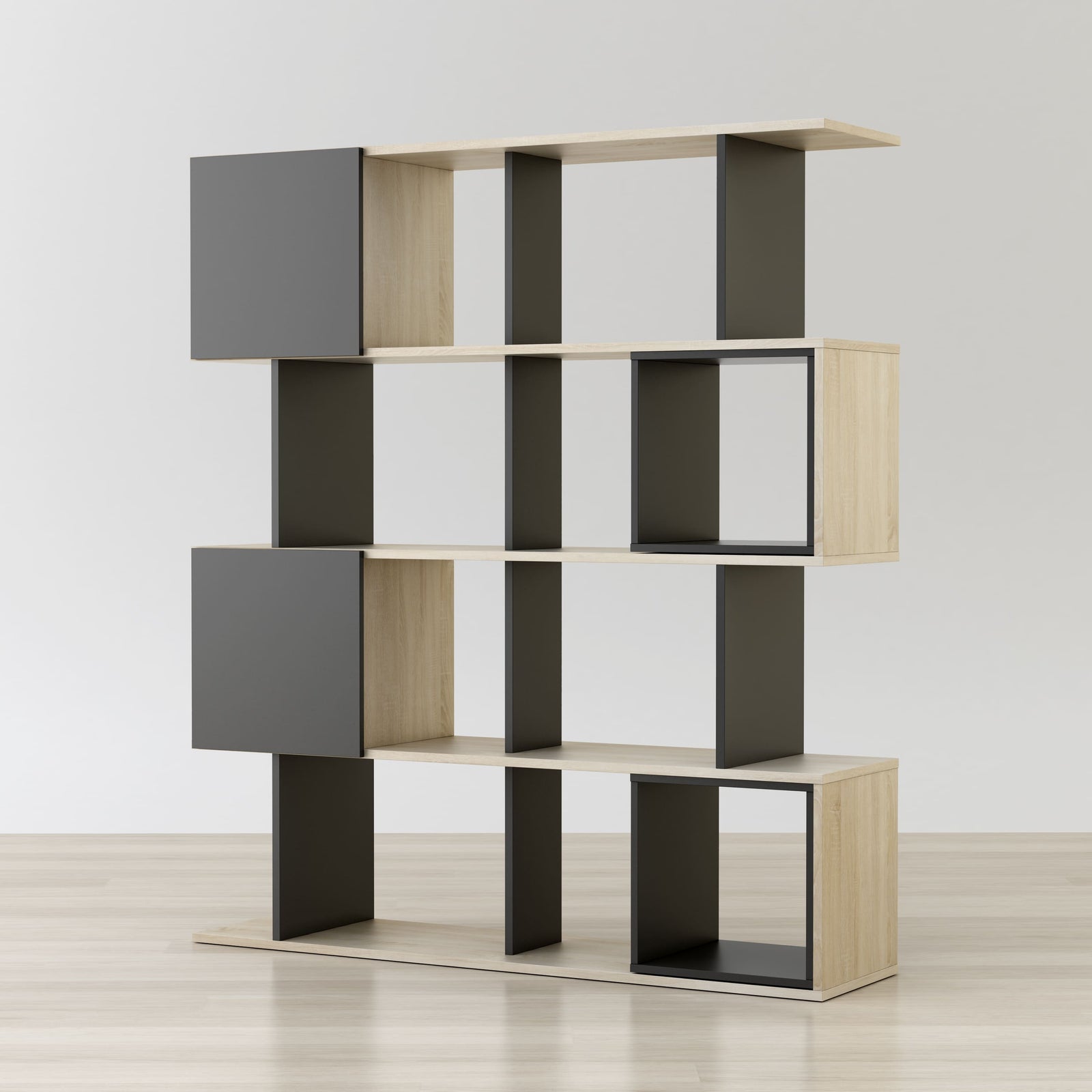 Modern bookshelf with geometric design on a plain background
