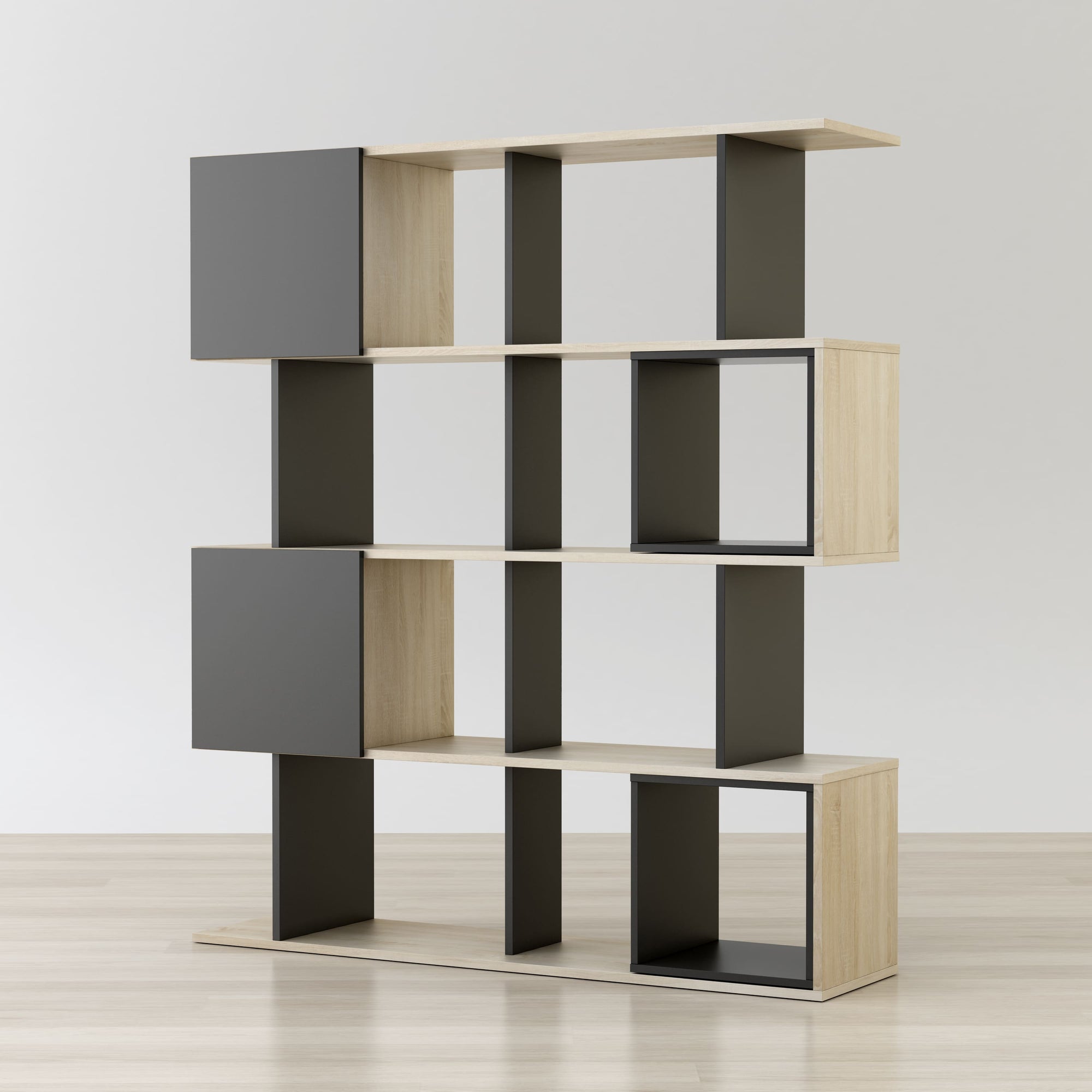 Modern bookshelf with geometric design on a plain background
