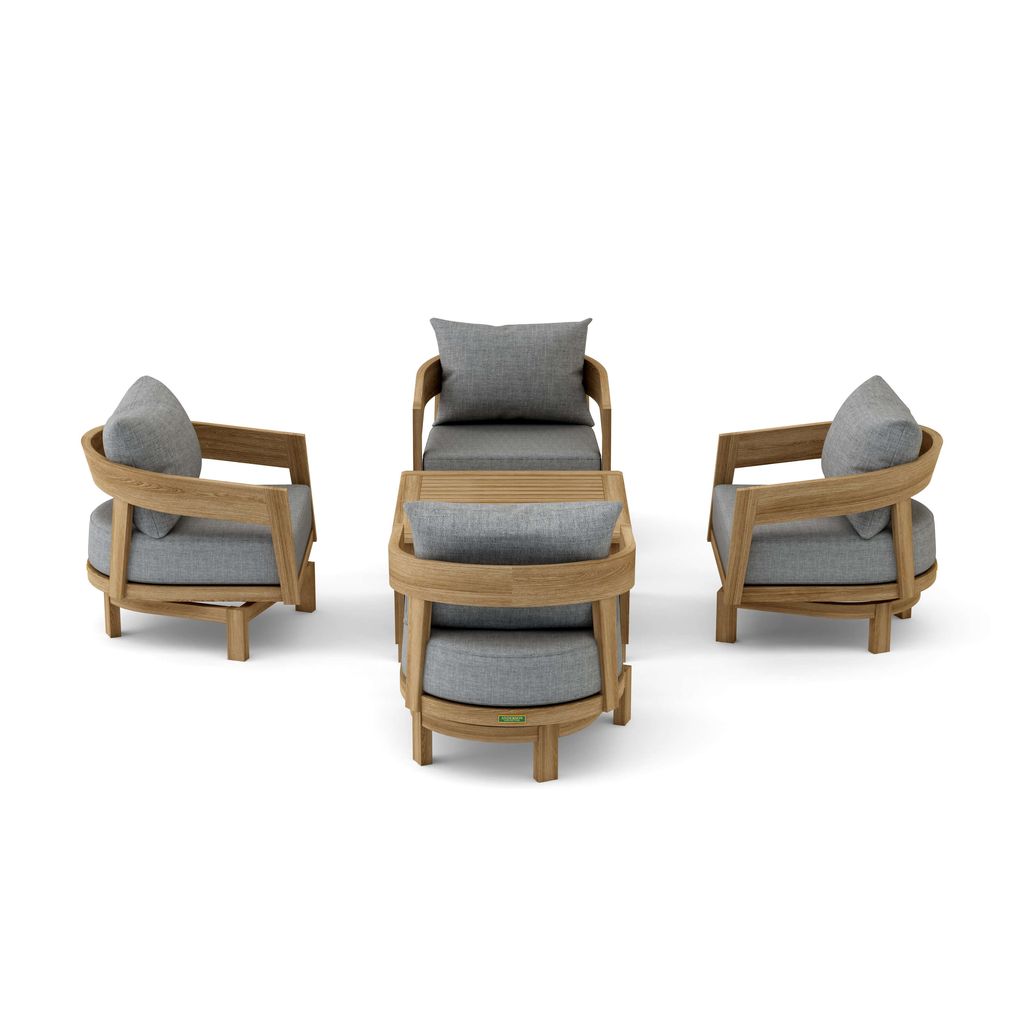 Set of wooden chairs with gray cushions on a white background