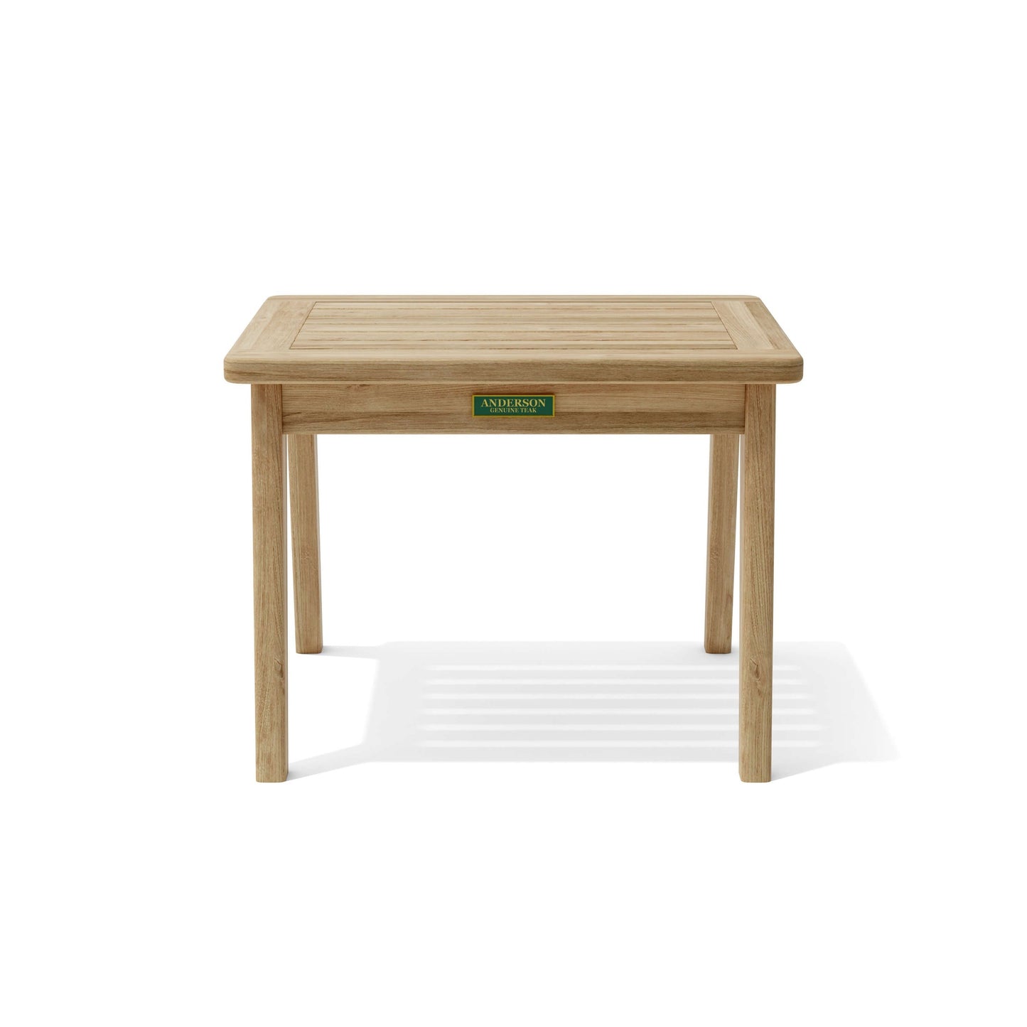 Wooden table with a brand label on a white background