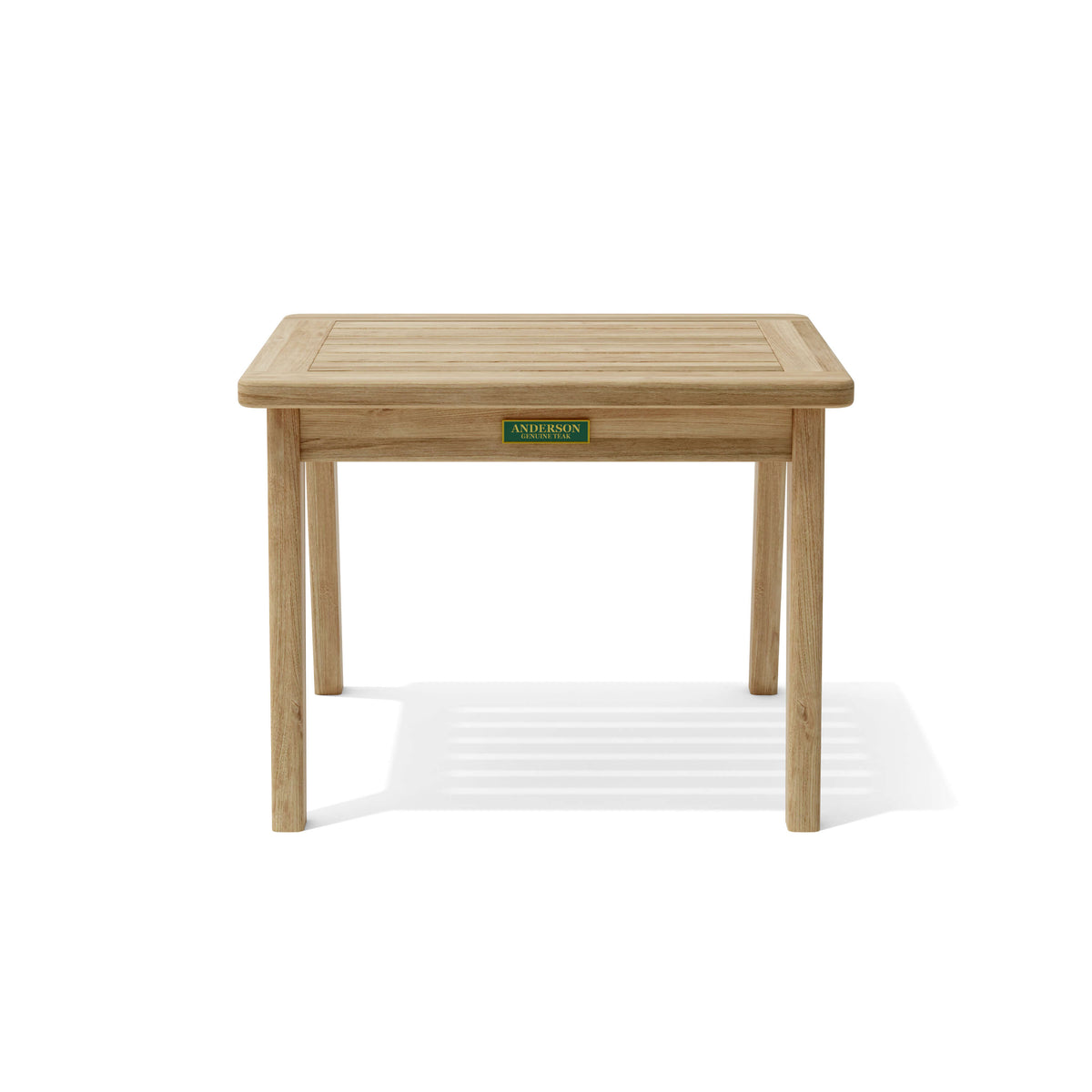 Wooden table with a brand label on a white background