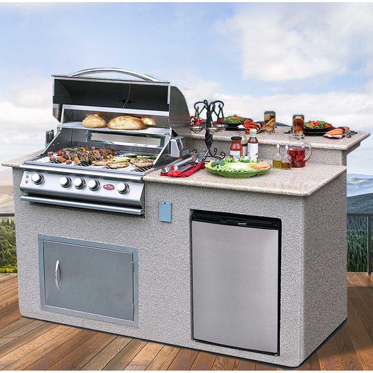 Cal Flame 6 Foot BBQ Island with Four Burner Grill, Raised Granite Countertop, Refrigerator PV6016-AG