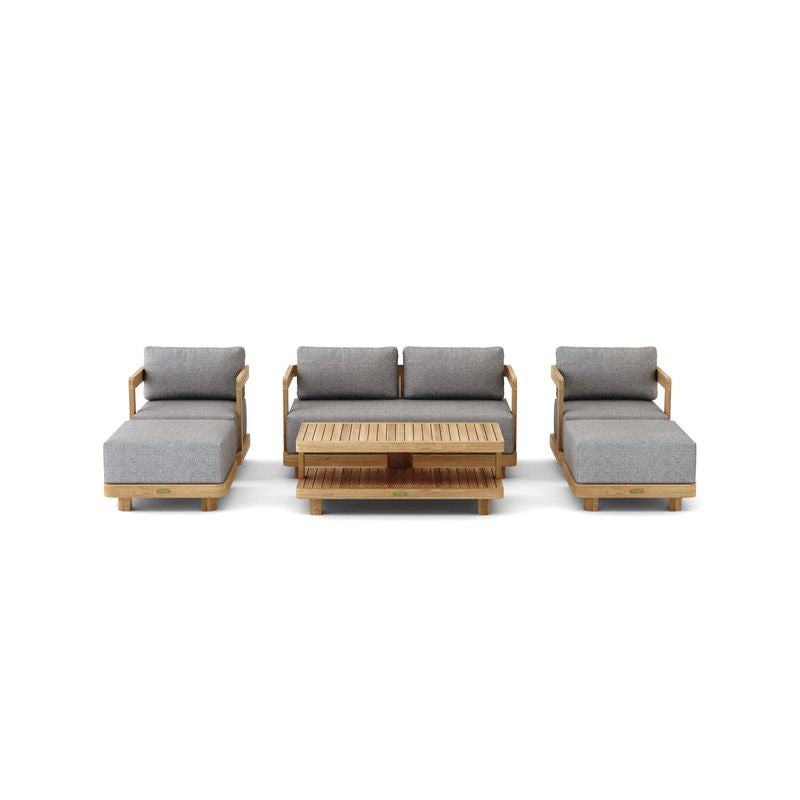 Outdoor furniture set with wooden frame and gray cushions on a white background