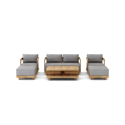 Outdoor furniture set with wooden frame and gray cushions on a white background
