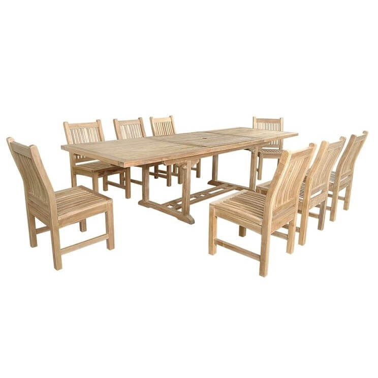 Wooden outdoor dining set with a table and chairs on a white background