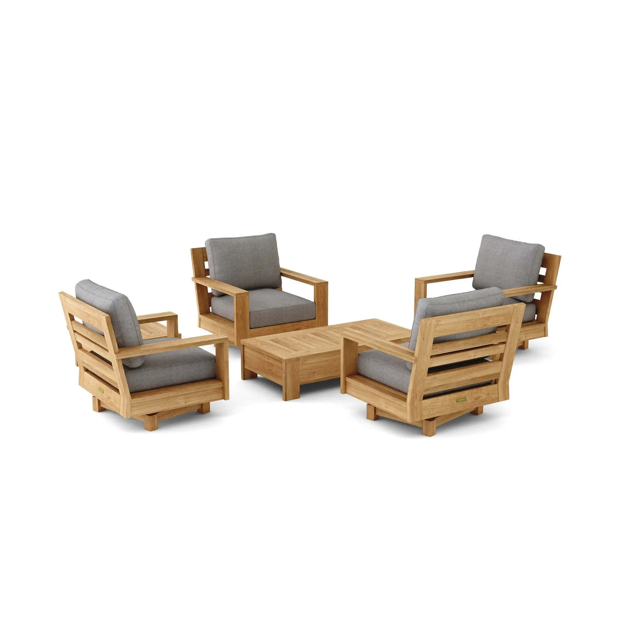 Wooden outdoor furniture set with gray cushions on a white background