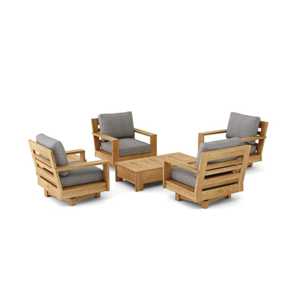 Wooden outdoor furniture set with gray cushions on a white background