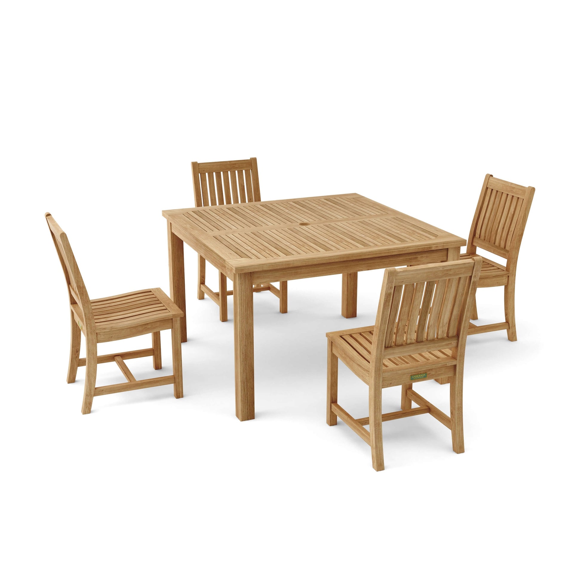Wooden dining set with a table and four chairs on a white background