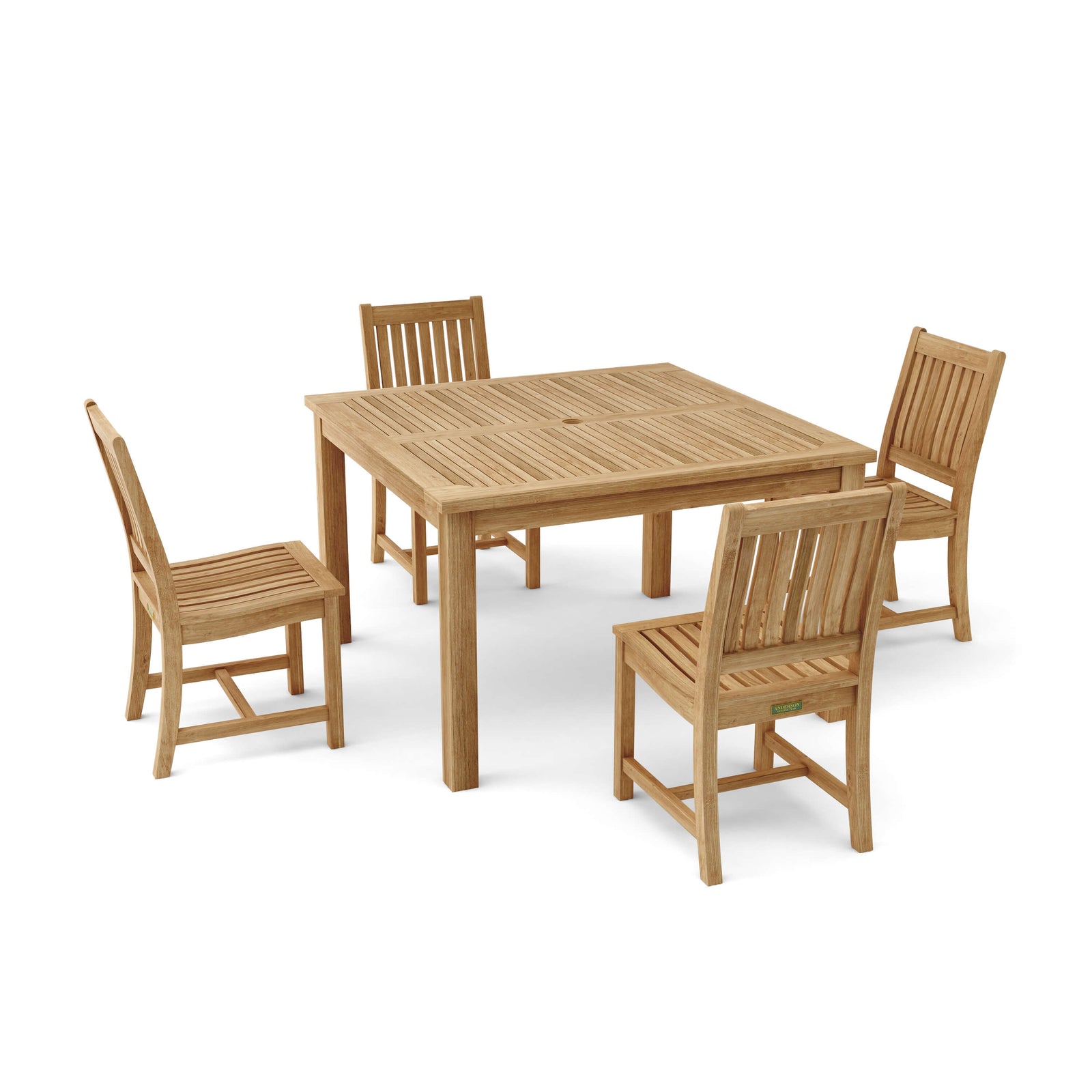 Wooden dining set with a table and four chairs on a white background