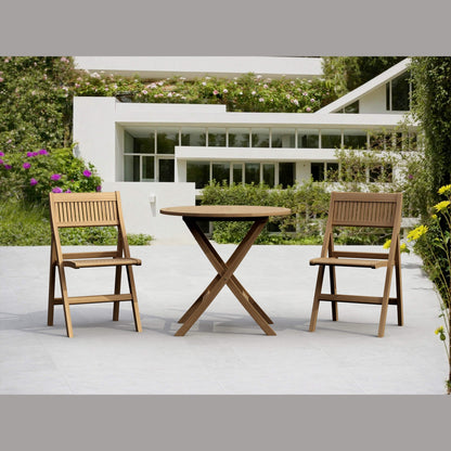 Wooden outdoor table with two chairs in a garden setting