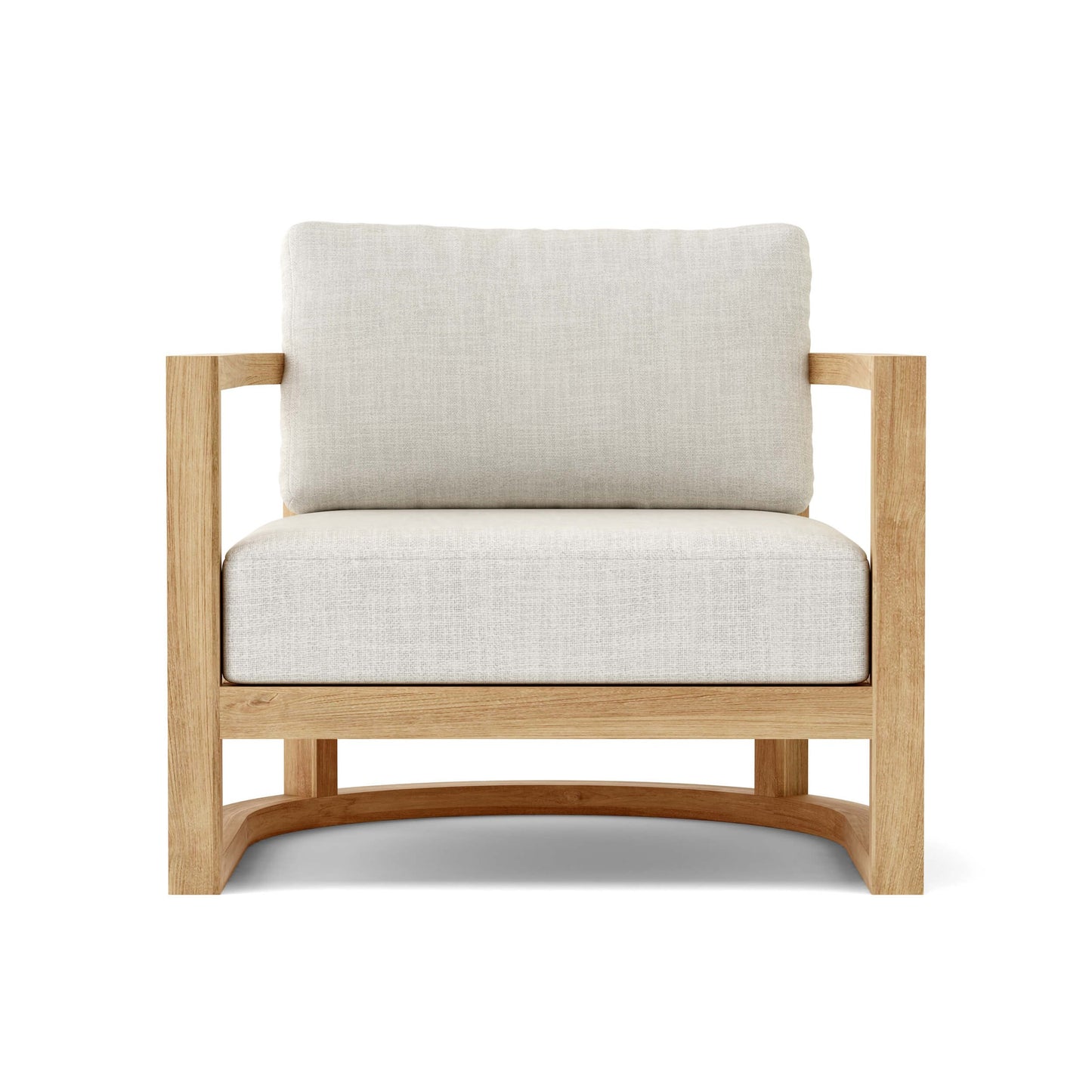Anderson Teak Junus Lounge Armchair - angled view of teak frame and Sunbrella cushion detail