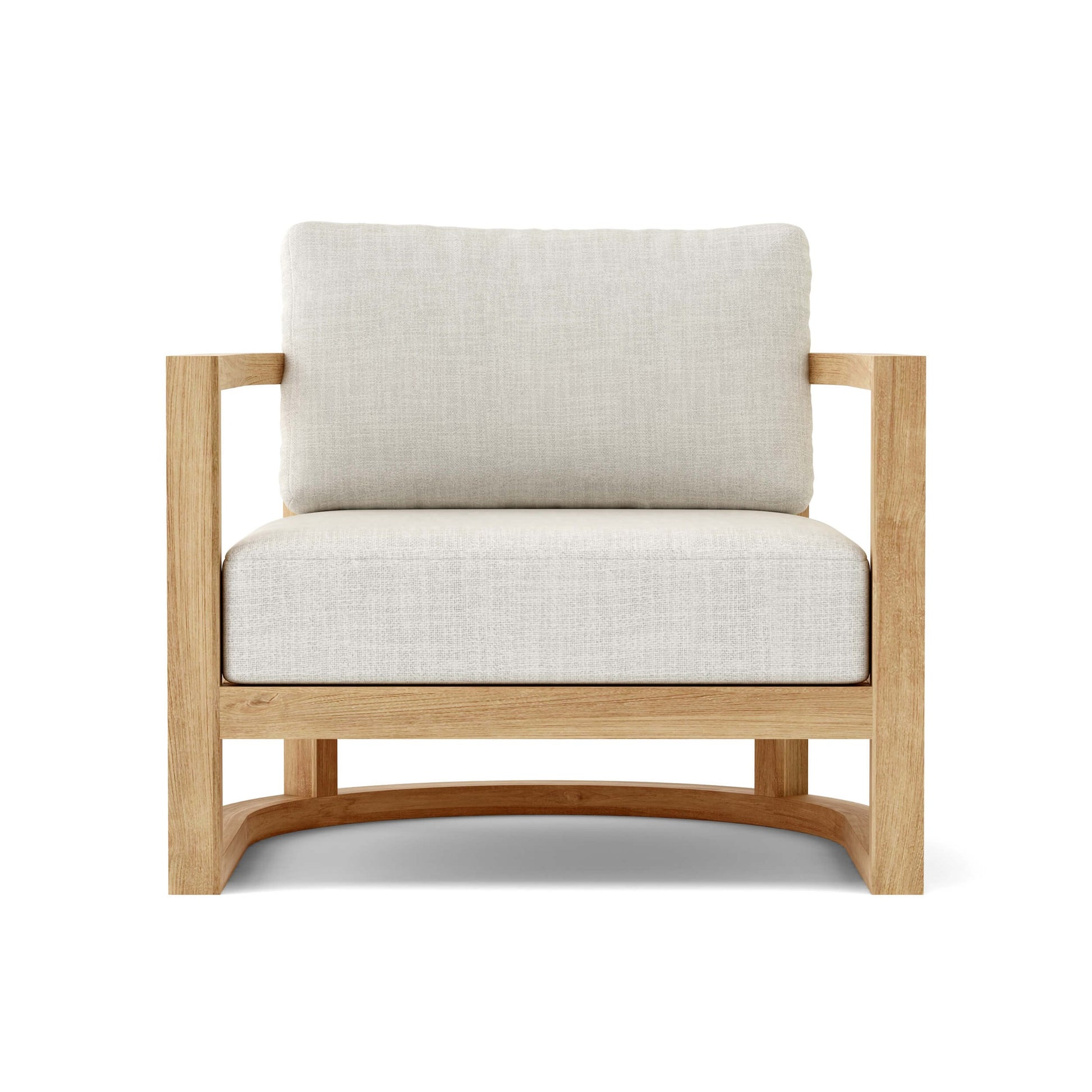 Anderson Teak Junus Lounge Armchair - angled view of teak frame and Sunbrella cushion detail