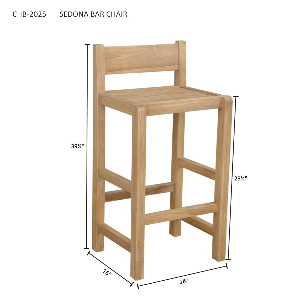 Wooden bar chair with dimensions on a white background