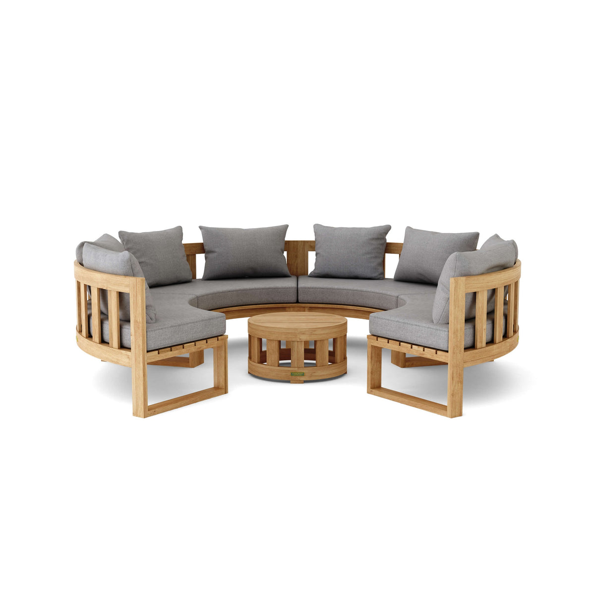Outdoor furniture set with wooden frame and gray cushions on a white background