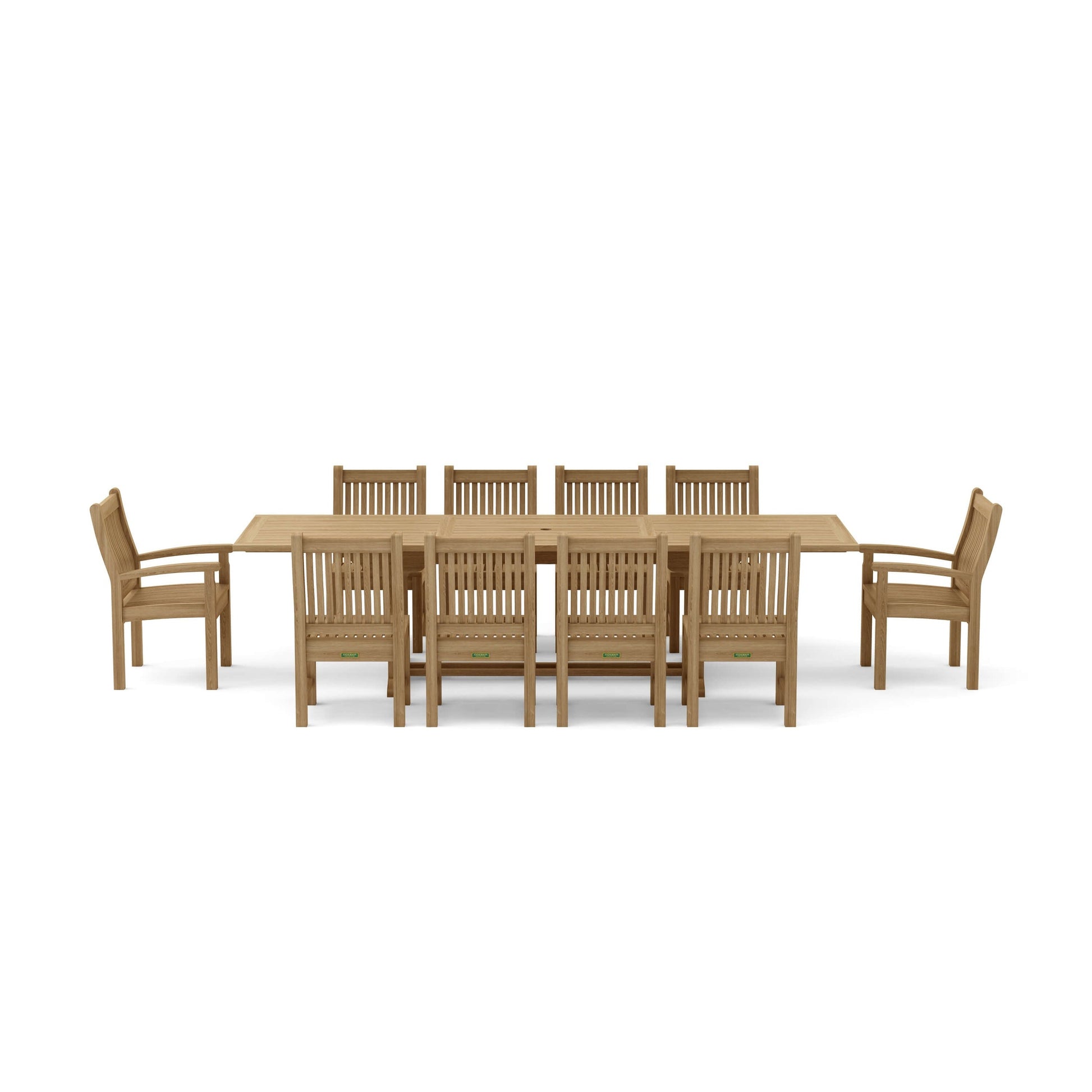 Wooden dining table with eight chairs on a white background