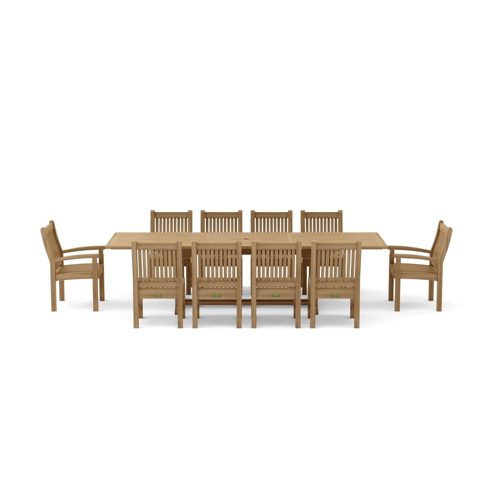 Wooden dining table with eight chairs on a white background