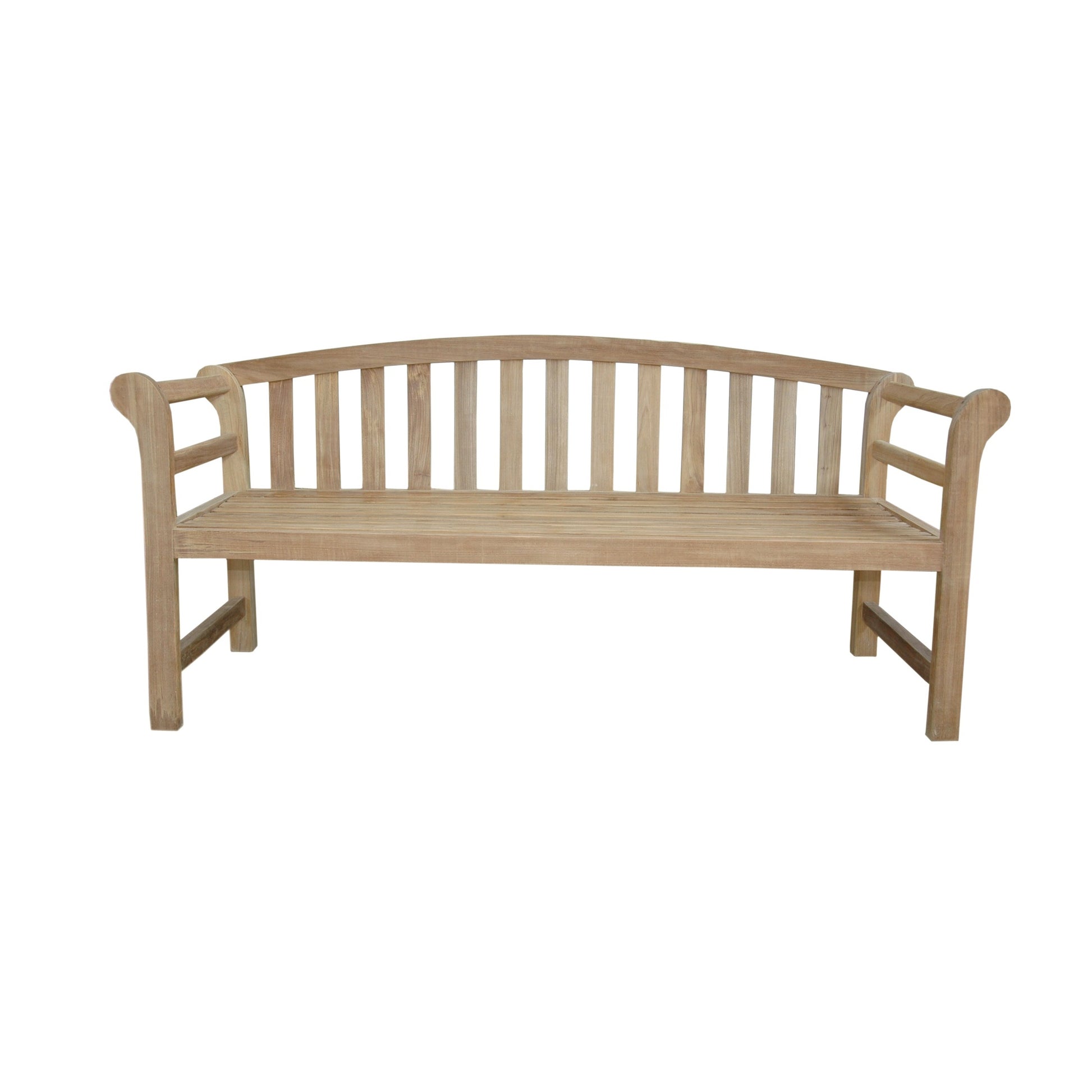 Anderson Teak Brisbane Deep Seating Bench - angled view of teak slat bench with armrests